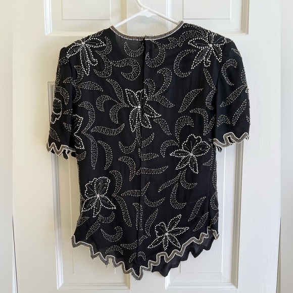 Laurence Kazar Vintage Silk Asymmetrical Beaded Black White Women’s S P Top - Picture 9 of 15